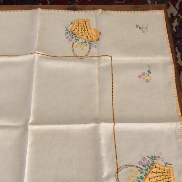 Vintage Handmade and Hand Embroidered Card Table Cloth with Flowers & Baskets - Picture 9 of 16